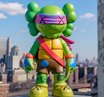 AI-generated image of a playful and colorful character set against a city skyline, created for showcasing LIVBRID's creativity and fun approach to design.