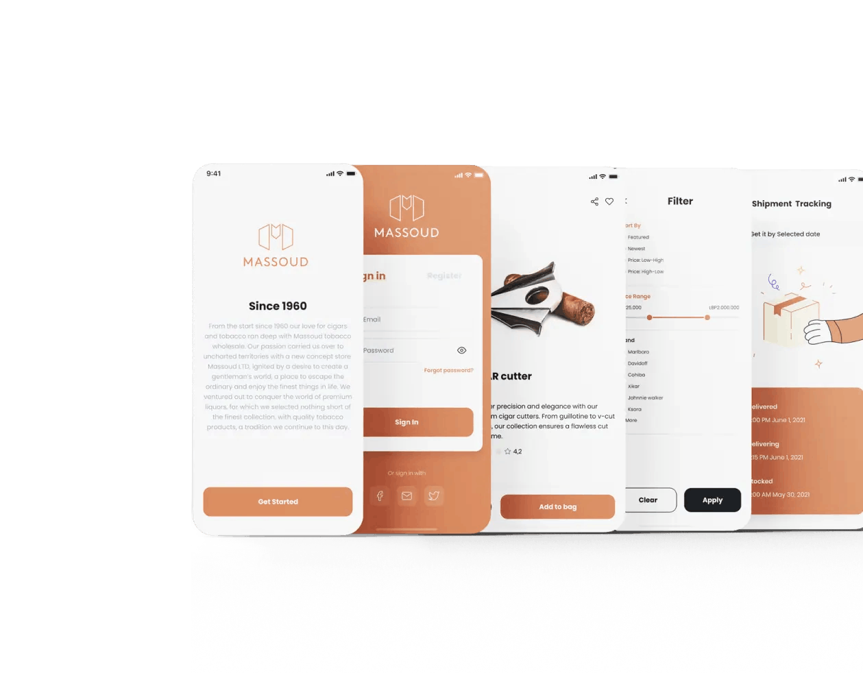 E-commerce application interface for Massoud, highlighting features like product browsing, filters, and user account management with a focus on premium cigars and tobacco products.