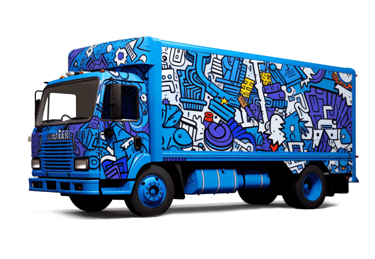 Blue truck with vibrant graffiti-style artwork featuring abstract shapes and patterns, showcasing LIVBRID's creative design approach.